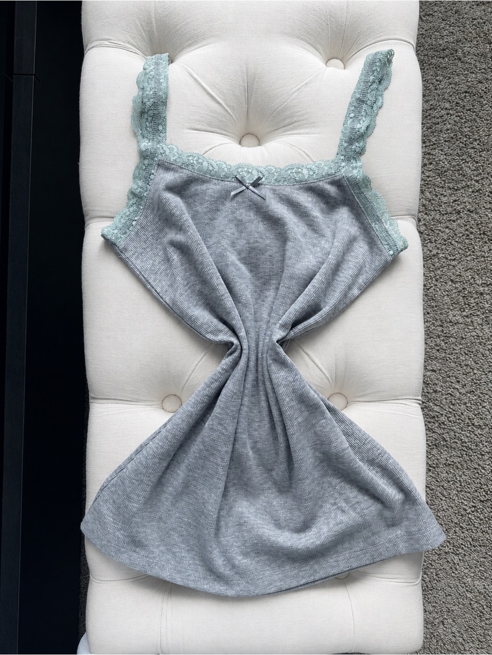 Y2K Faded Glory Gray Ribbed Lace Trim Cami Tank Top Mint Lace Bow Detail